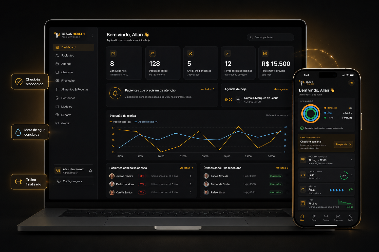Black Health exibido em notebook com o app do paciente em um smartphone